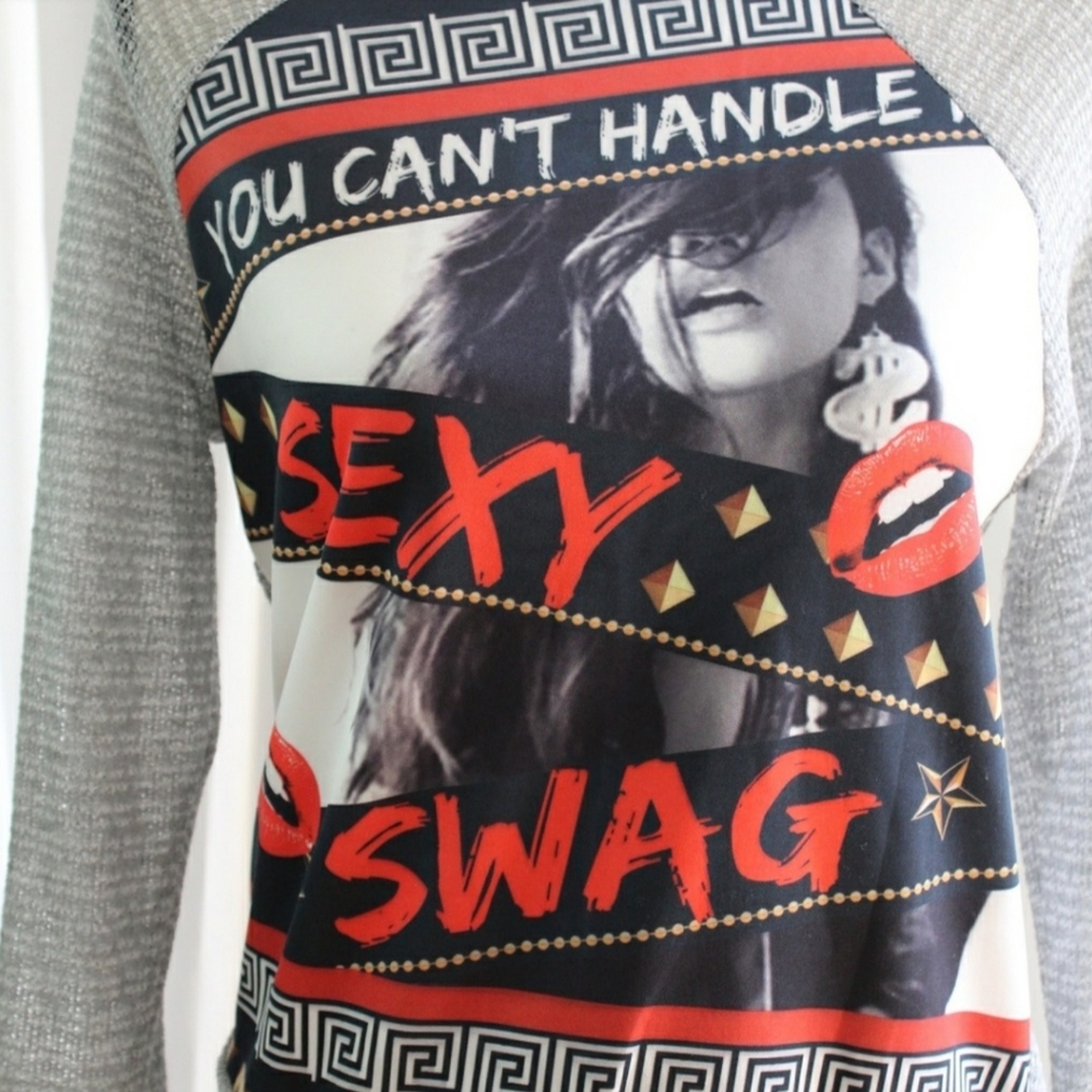 Red and Gray Crew Neck Sweater with Bold Graphic Design